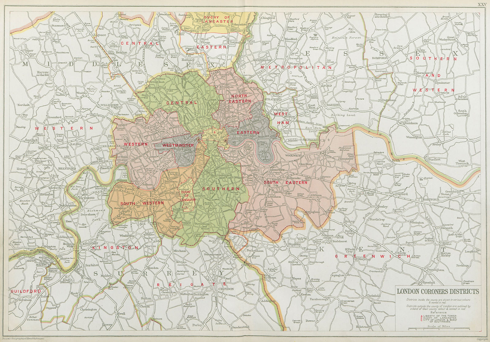 LONDON CORONERS DISTRICTS. Vintage map. BACON 1920 old antique plan chart
